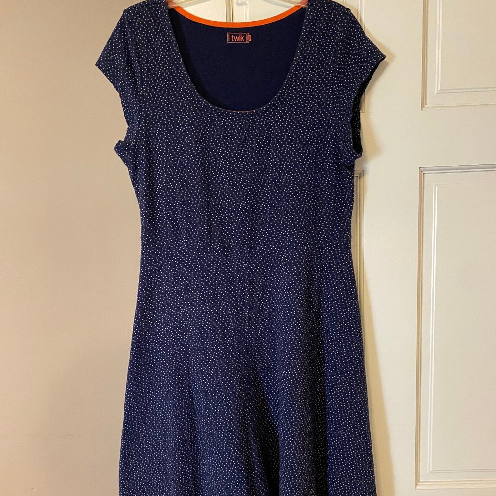 Twik skater-style dress, blue with cream dots